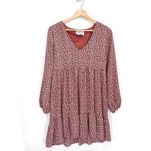 Sadie & Sage Babydoll  Long Sleeve V Neck Tunic Mini Dress XS Prairiecore Ditsy